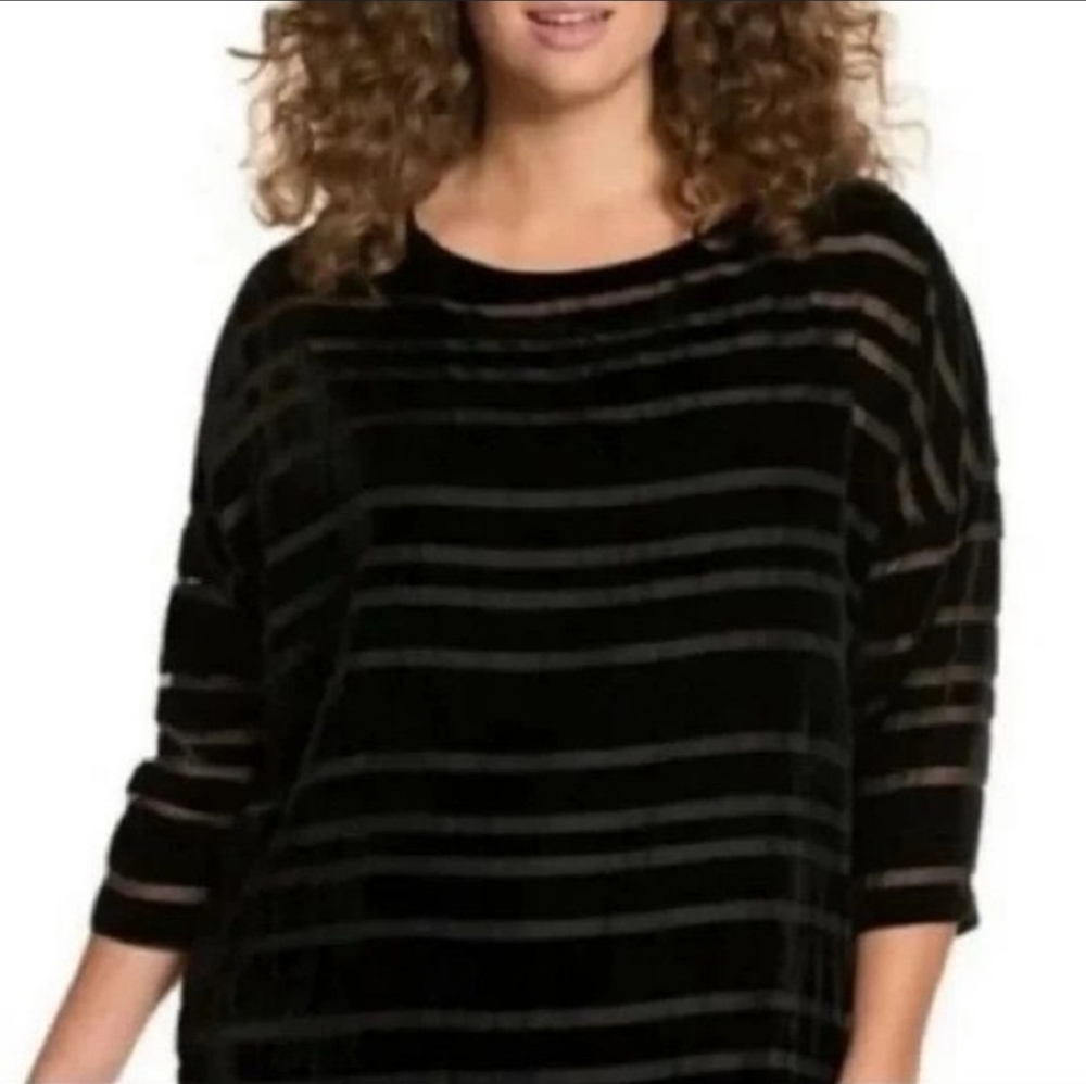 🔥LANE BRYANT Black Velvet Burnout Crew Neck 3/4‎ Sleeve Oversized  Tunic  18/20